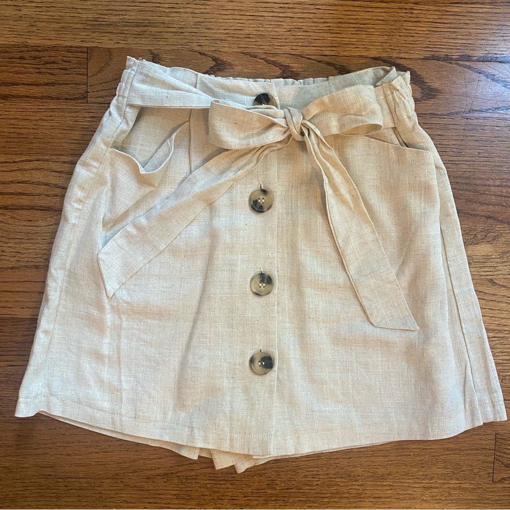 Linen Skirt/Shorts With Tie Waist & Button Detail
